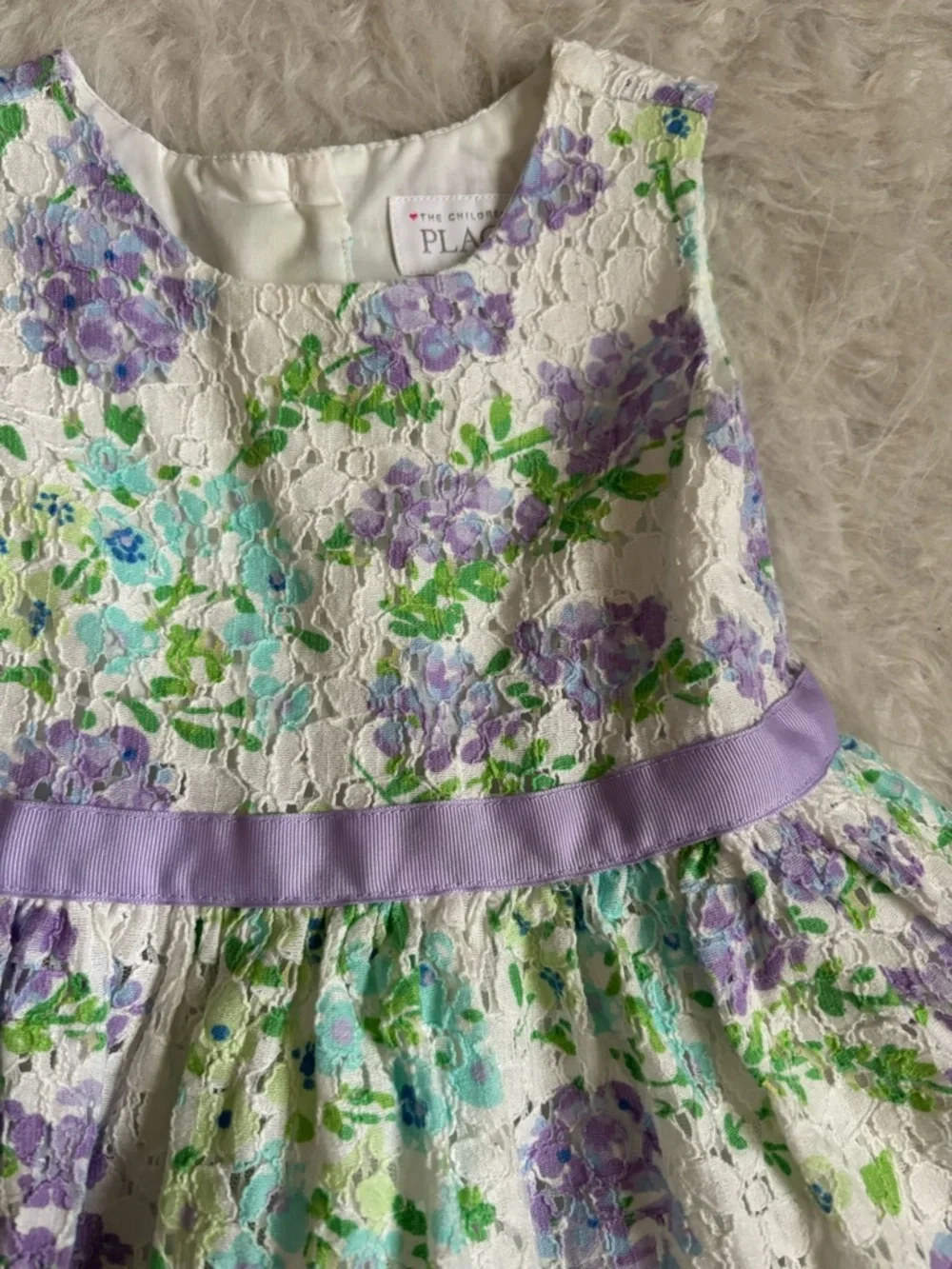 The Children's Place White Lace Spring Pastel Floral Dress with Purple Ribbon